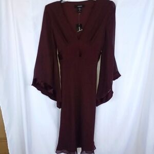 NWT! Women's Express Brown V-neck Bell Sleeve Silk Chiffon/satin, Midi Size 6